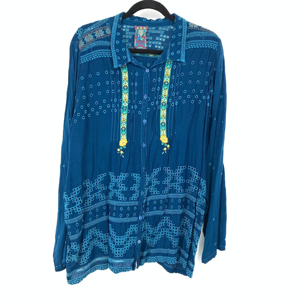 Johnny Was Long Sleeve Button Front Tunic Blouse Womens L Teal Blue Embroidered